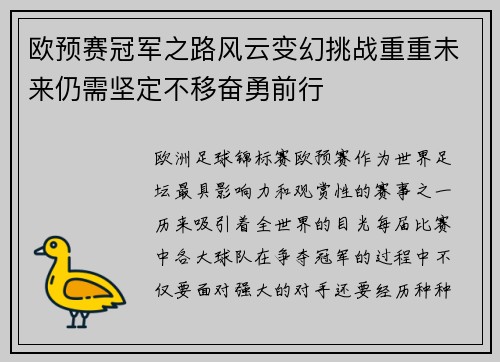 欧预赛冠军之路风云变幻挑战重重未来仍需坚定不移奋勇前行