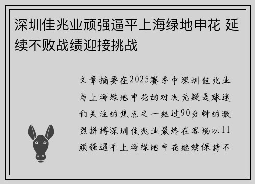 深圳佳兆业顽强逼平上海绿地申花 延续不败战绩迎接挑战